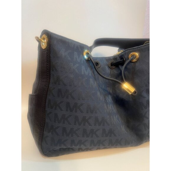 Michael Kors MK Jacquard Canvas Leather Large Drawstring Shoulder Tote Bag Purse - Picture 11 of 13